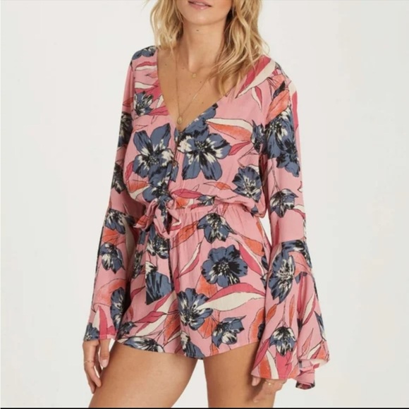 Billabong Pants - Billabong NWT Sittin Pretty Floral Long Bell Sleeve Romper Tie-front in Pink, M